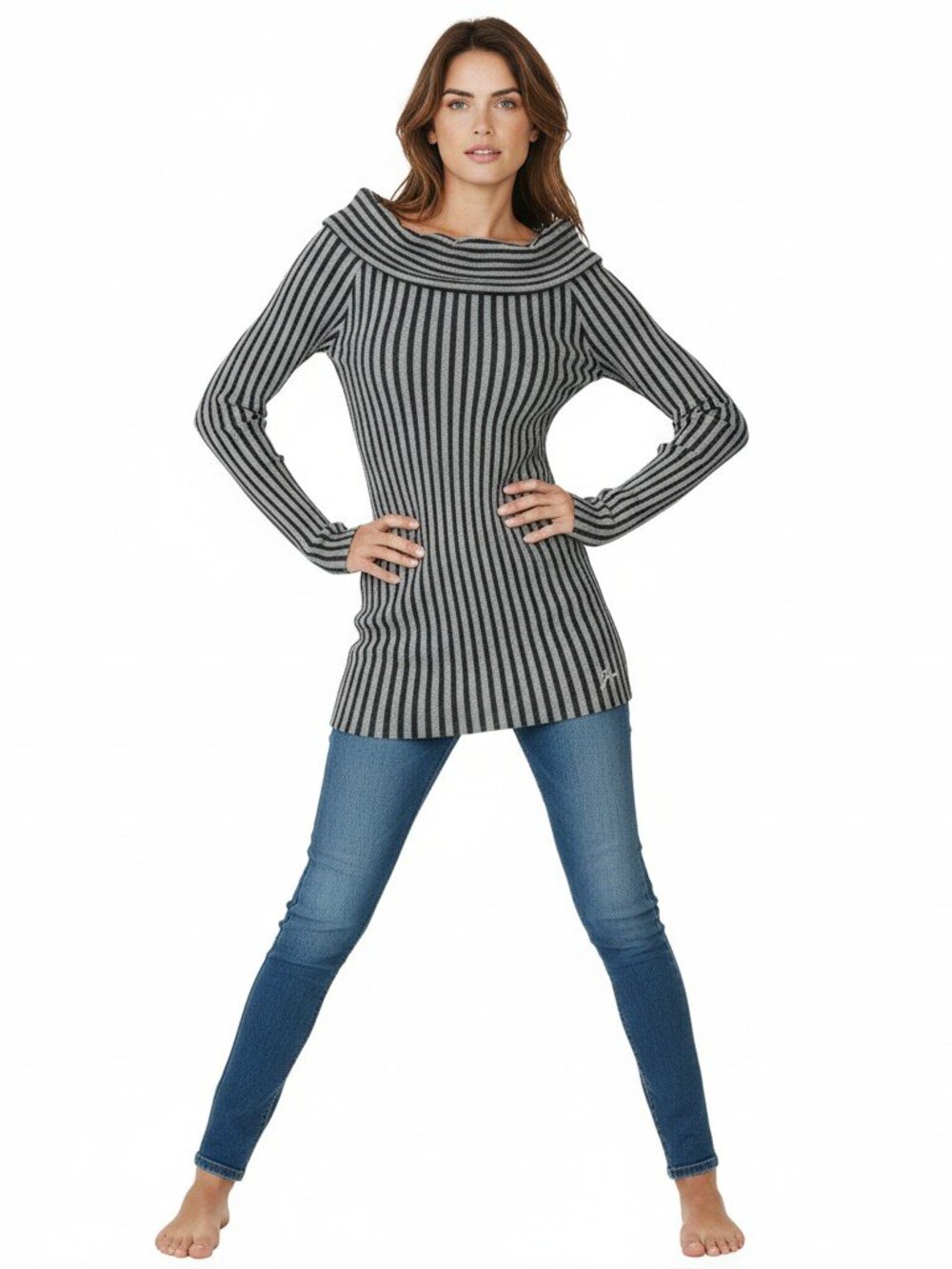 Guess Los Angeles Cowl Neck Striped Long Sleeve Top Black Gray Ribbed Knit